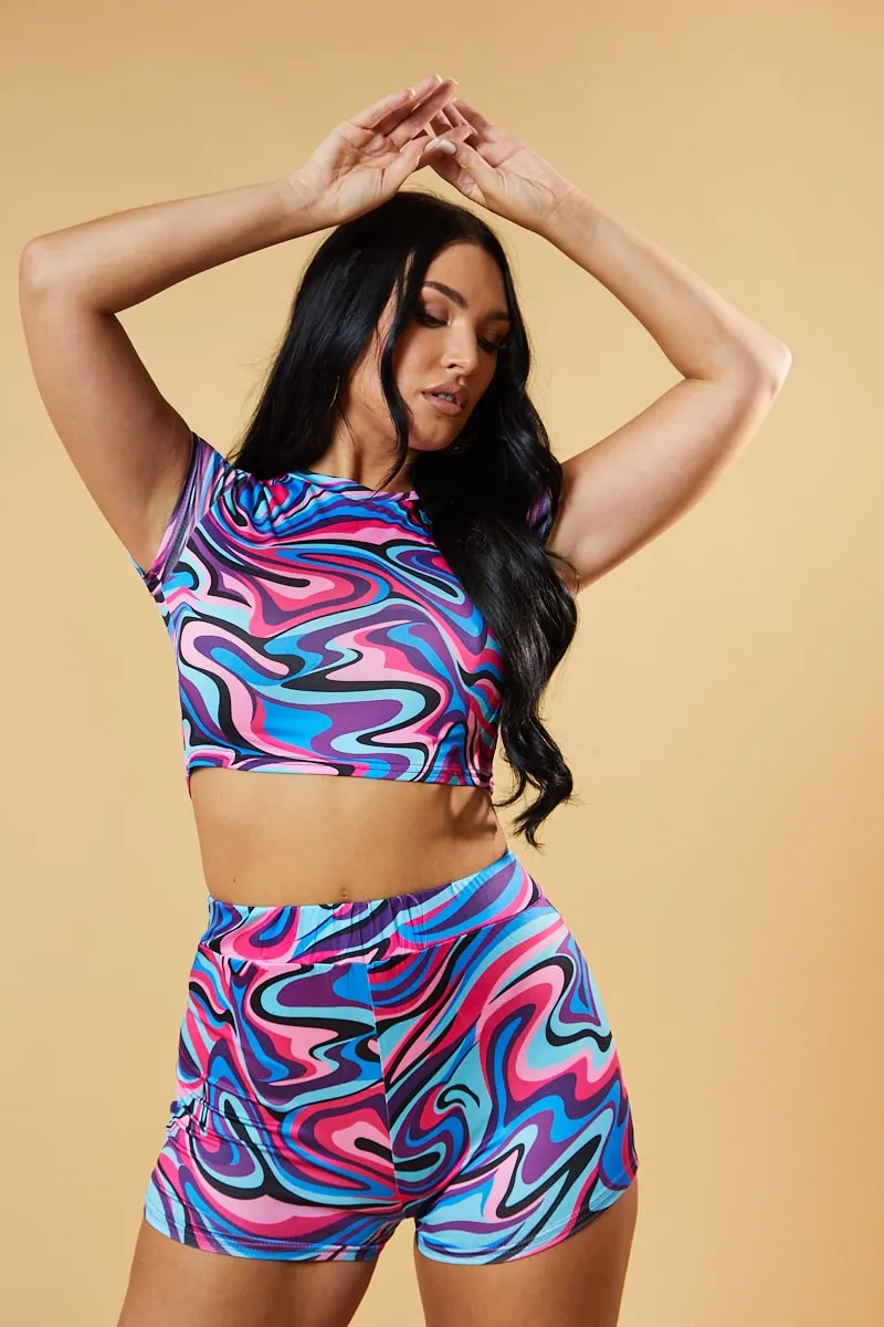 Multi Swirl Print Cropped Top & Shorts Co-ord Set - Aatiya