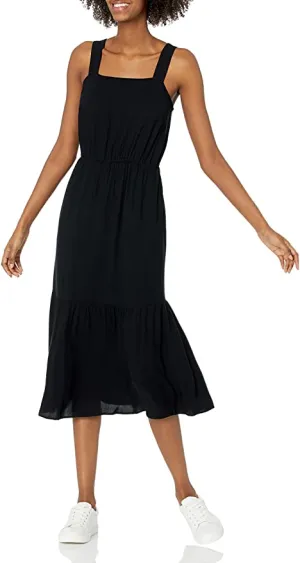 New Amazon Essentials Women's Fluid Twill Tiered Midi Summer Dress in Black, Sz L!