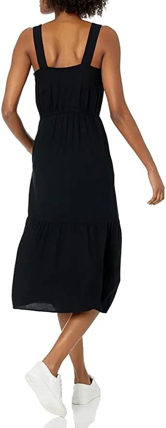 New Amazon Essentials Women's Fluid Twill Tiered Midi Summer Dress in Black, Sz L!