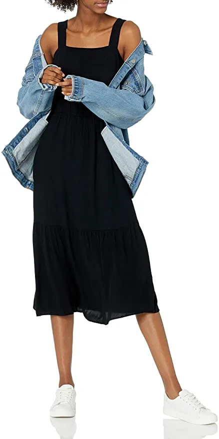 New Amazon Essentials Women's Fluid Twill Tiered Midi Summer Dress in Black, Sz L!