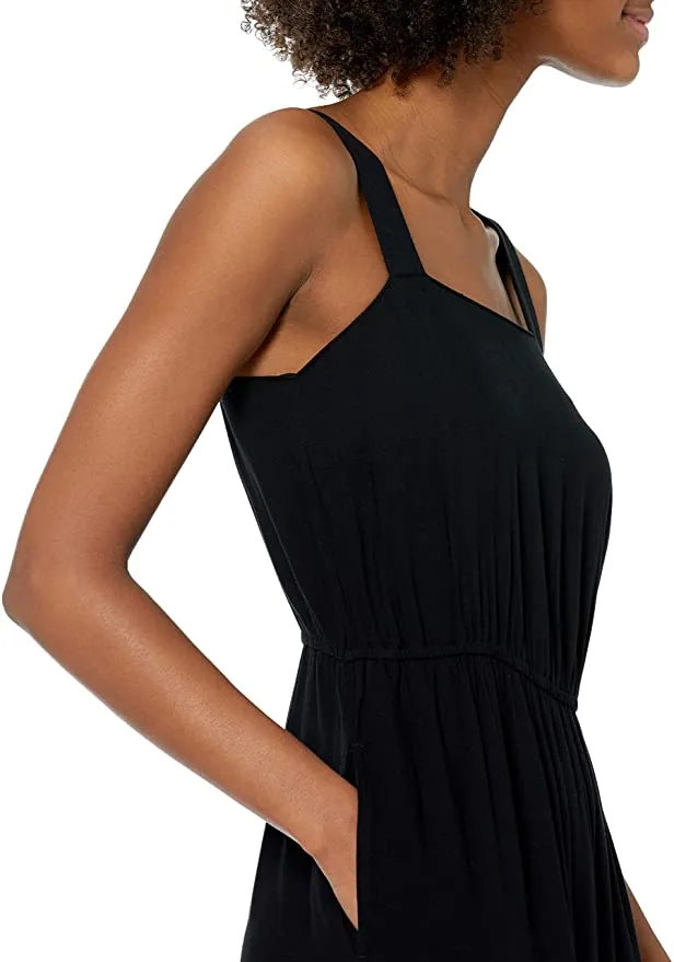 New Amazon Essentials Women's Fluid Twill Tiered Midi Summer Dress in Black, Sz L!