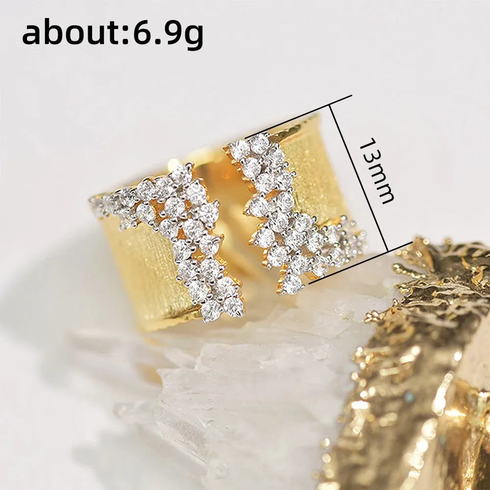 New Fashion Women's Ring with Cubic Zirconia Stone Wiredrawing Effect Gold Color Wide Rings Luxury Jewelry Gift for Her