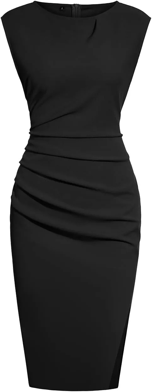 NEW ihot Women's 2024 Sleeveless Bodycon Ruched Split Party Cocktail Work Elegant Midi Dress, Black, Sz L, Retails $56