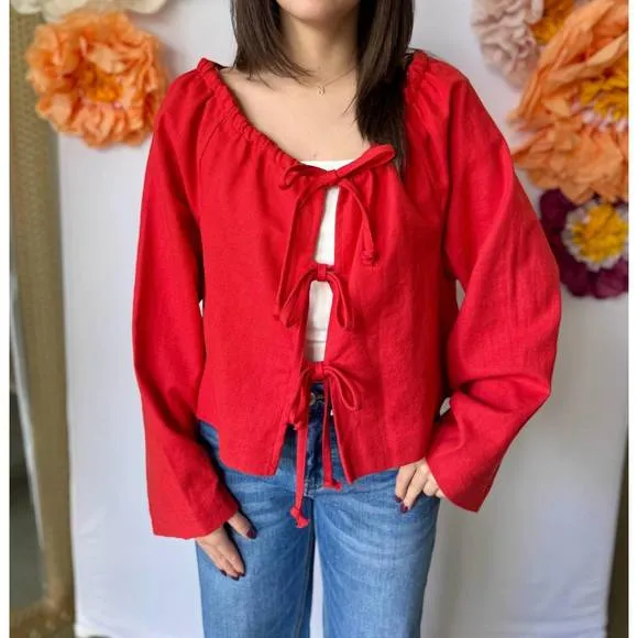 NEW MIOU MUSE linen blend tie front cardigan in red