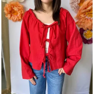 NEW MIOU MUSE linen blend tie front cardigan in red