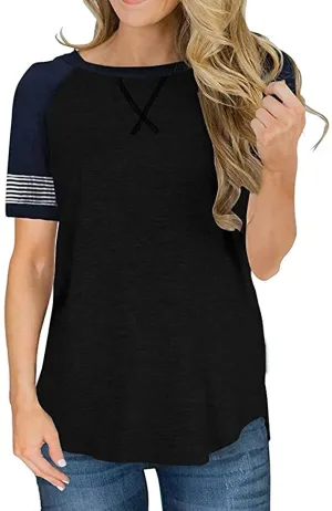 New osazic Women's Color Block Round Neck Tee, Black & Navy, Sz L!