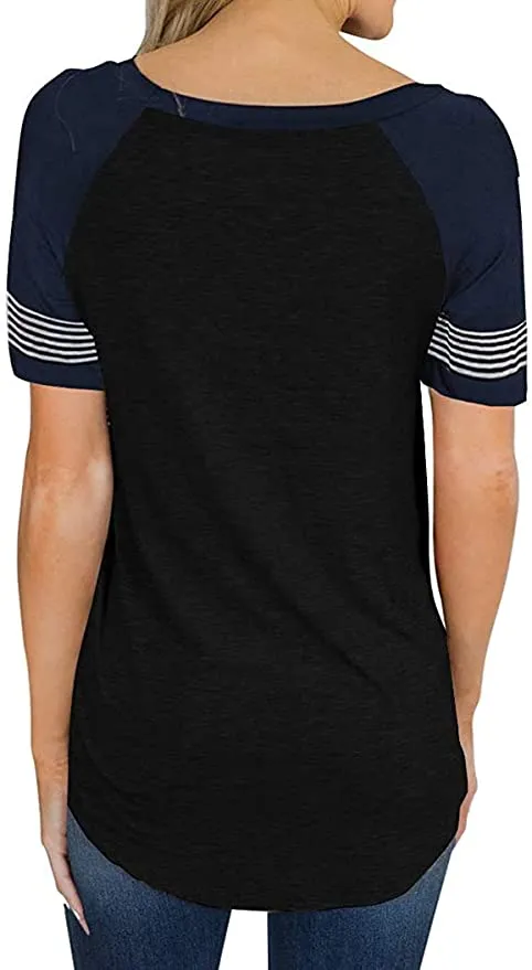 New osazic Women's Color Block Round Neck Tee, Black & Navy, Sz L!