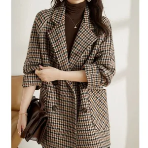 New Vintage Women's Plaid Wool Blazer Double Breasted Suit Jacket Loose Blazer Coat