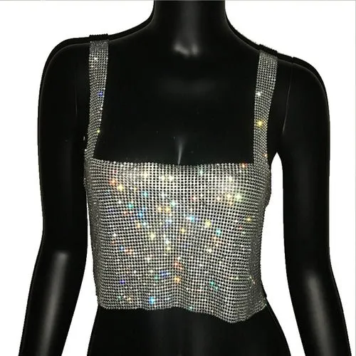 Night Out Sparkly Rhinestones Crop Top with Straps