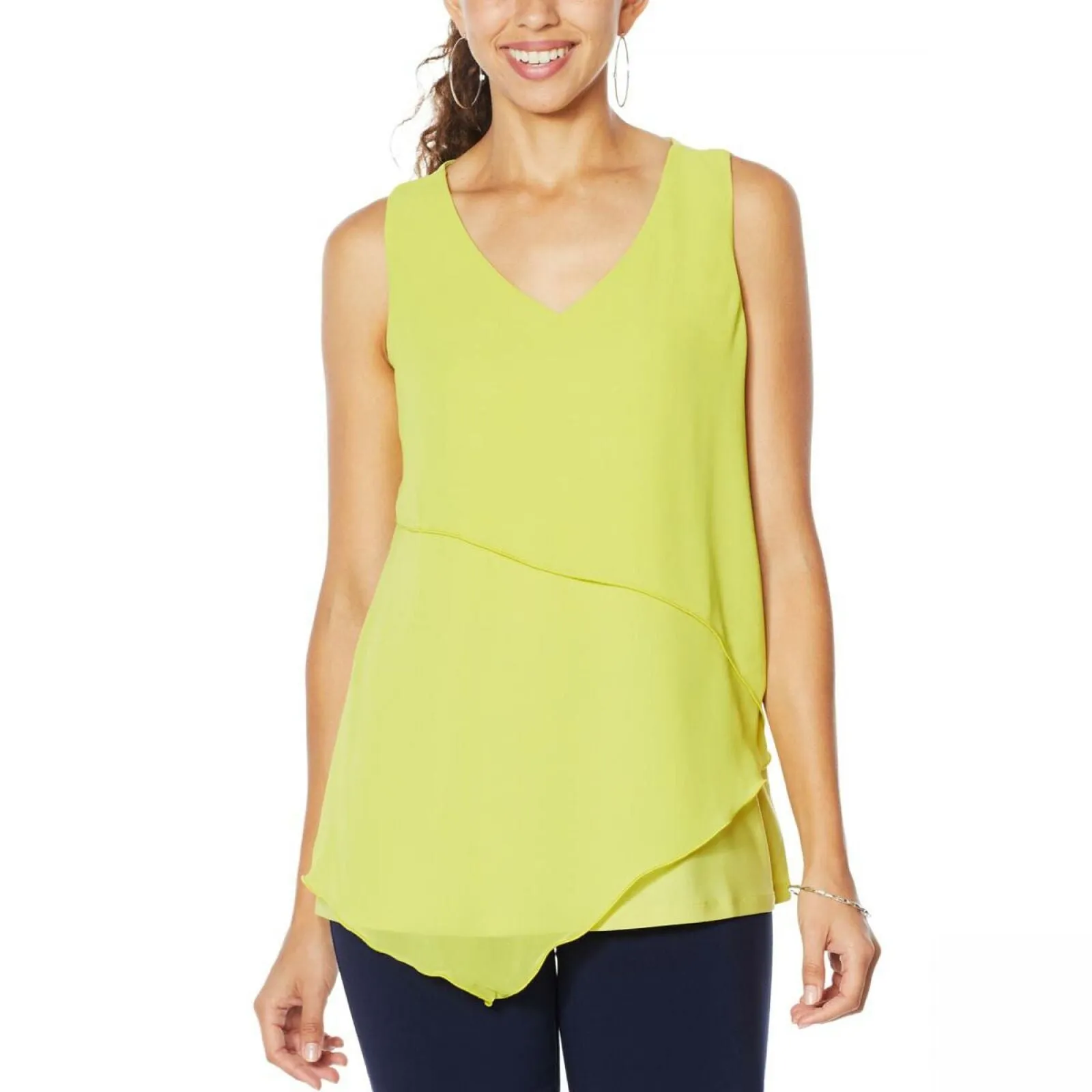 Nina Leonard Women's Plus Size Sleeveless Mixed Media Tiered Tank Top