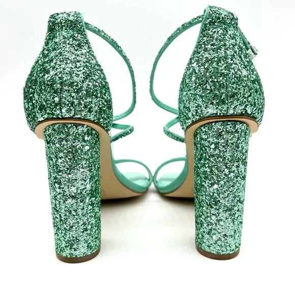 Nine West Womens 8.5 Glitter Heeled Sandal Green Strappy Wedding Prom Sparkle