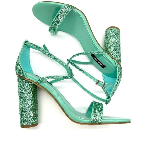 Nine West Womens 8.5 Glitter Heeled Sandal Green Strappy Wedding Prom Sparkle