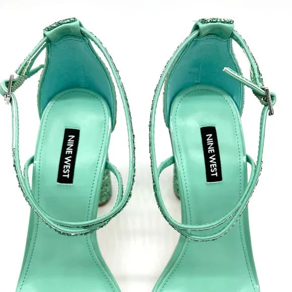 Nine West Womens 8.5 Glitter Heeled Sandal Green Strappy Wedding Prom Sparkle