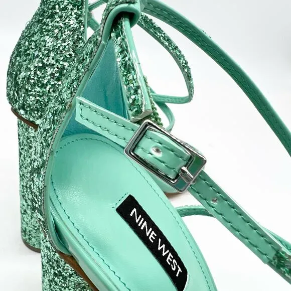 Nine West Womens 8.5 Glitter Heeled Sandal Green Strappy Wedding Prom Sparkle