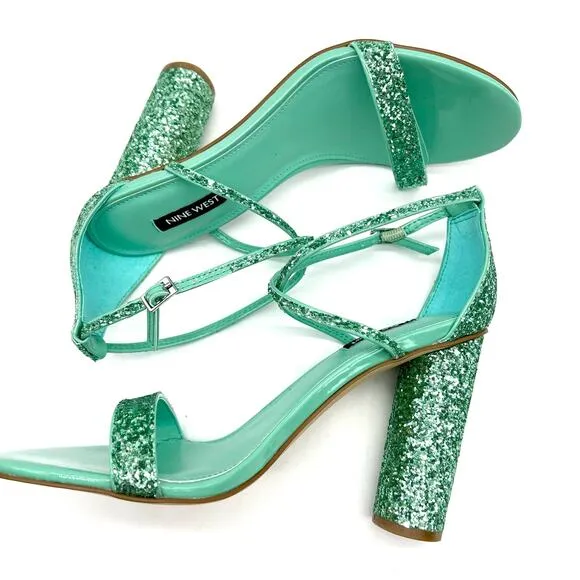 Nine West Womens 8.5 Glitter Heeled Sandal Green Strappy Wedding Prom Sparkle