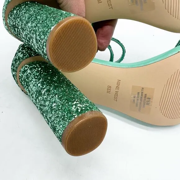 Nine West Womens 8.5 Glitter Heeled Sandal Green Strappy Wedding Prom Sparkle