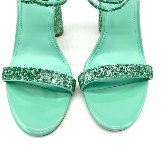 Nine West Womens 8.5 Glitter Heeled Sandal Green Strappy Wedding Prom Sparkle