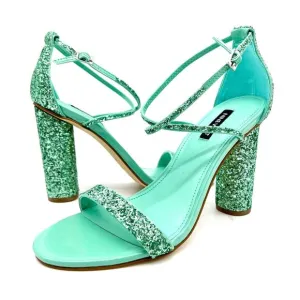 Nine West Womens 8.5 Glitter Heeled Sandal Green Strappy Wedding Prom Sparkle