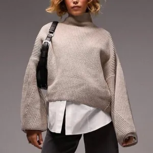 NWT - Topshop High Neck Drop Shoulder Oversized Sweater Color Oat, Size Small