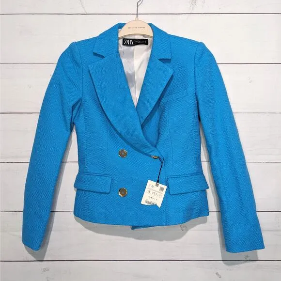 NWT Zara Cropped Textured Blazer Turquoise Blue Women's Size Small