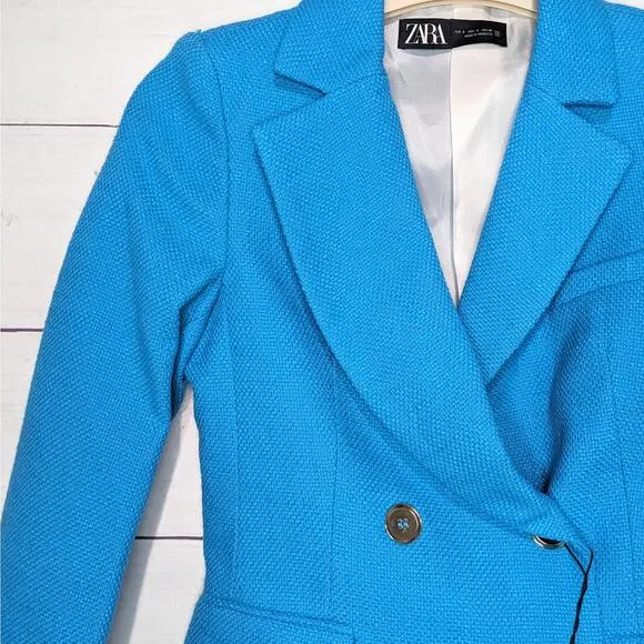 NWT Zara Cropped Textured Blazer Turquoise Blue Women's Size Small