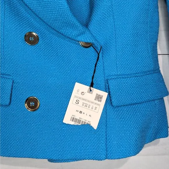 NWT Zara Cropped Textured Blazer Turquoise Blue Women's Size Small