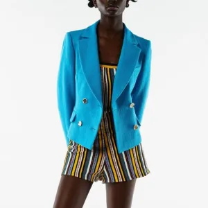 NWT Zara Cropped Textured Blazer Turquoise Blue Women's Size Small