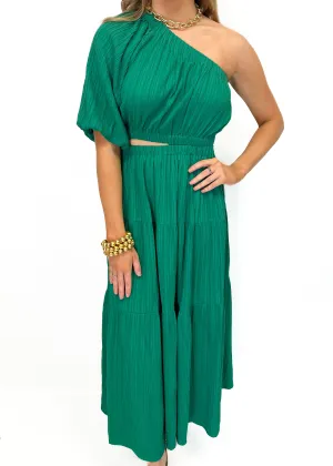 One Shoulder Tiered Maxi Dress - Green