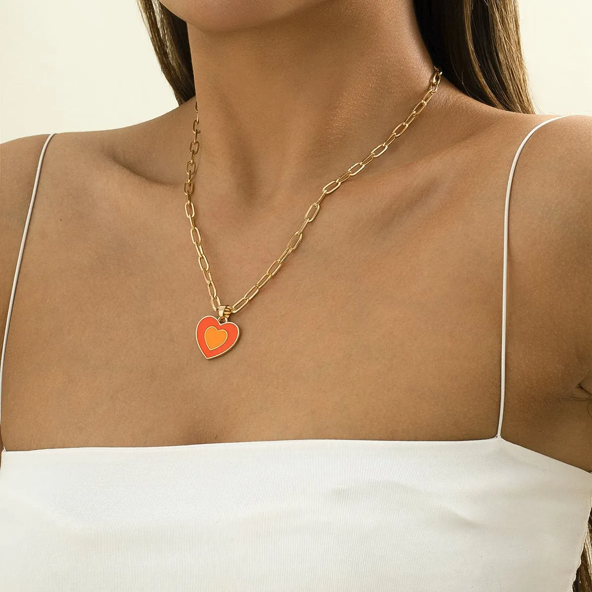 Orange Enamel & 18K Gold-Plated Heart Pendant Necklace
