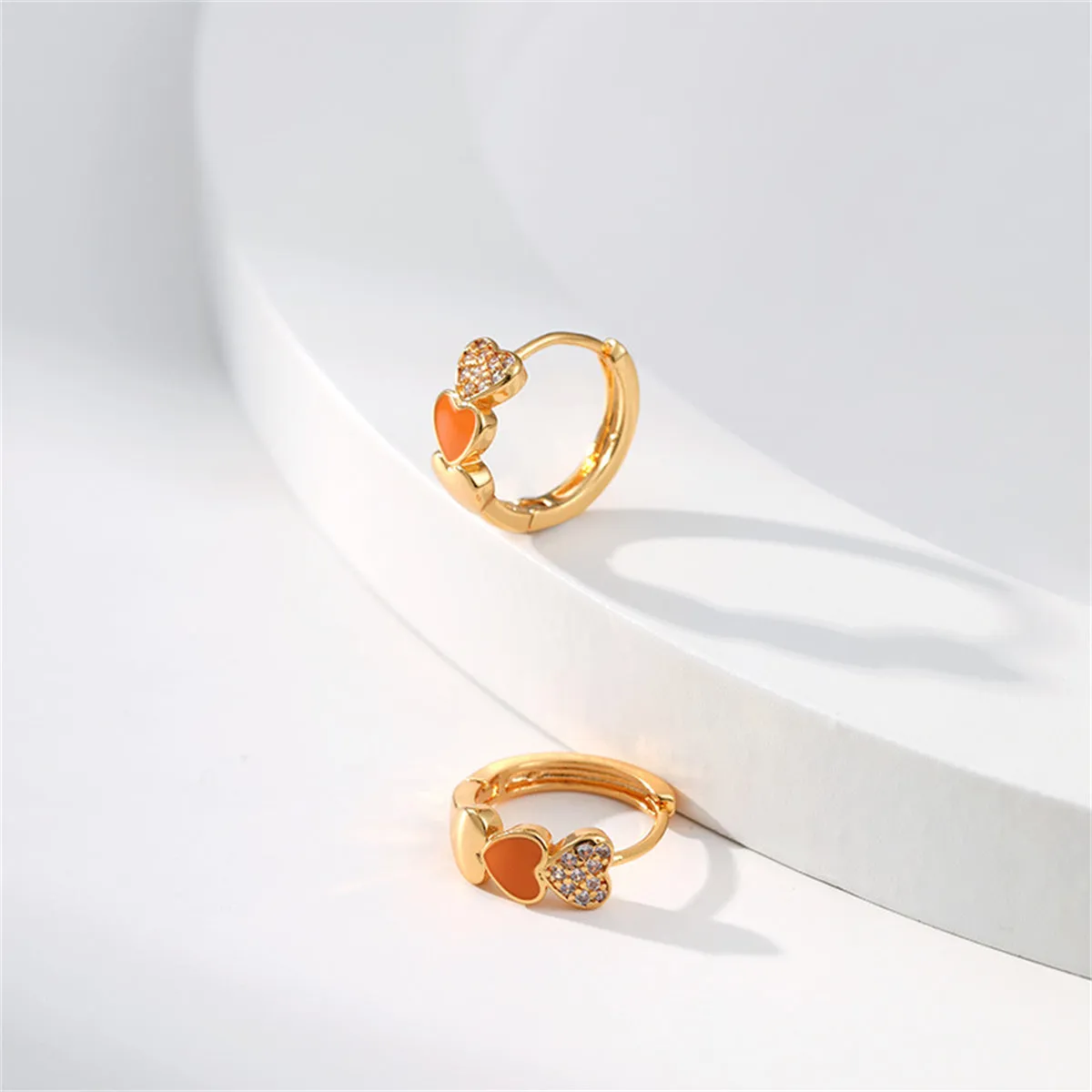 Orange Enamel & Cubic Zirconia 18K Gold-Plated Heart Huggie Earrings