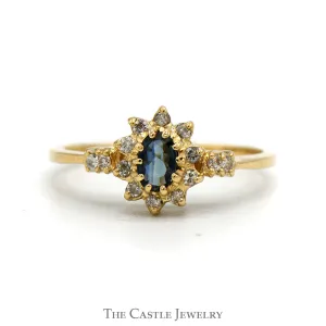Oval Cut Sapphire Ring With Diamond Halo And Sides .10CTTW In 14KT Yellow Gold
