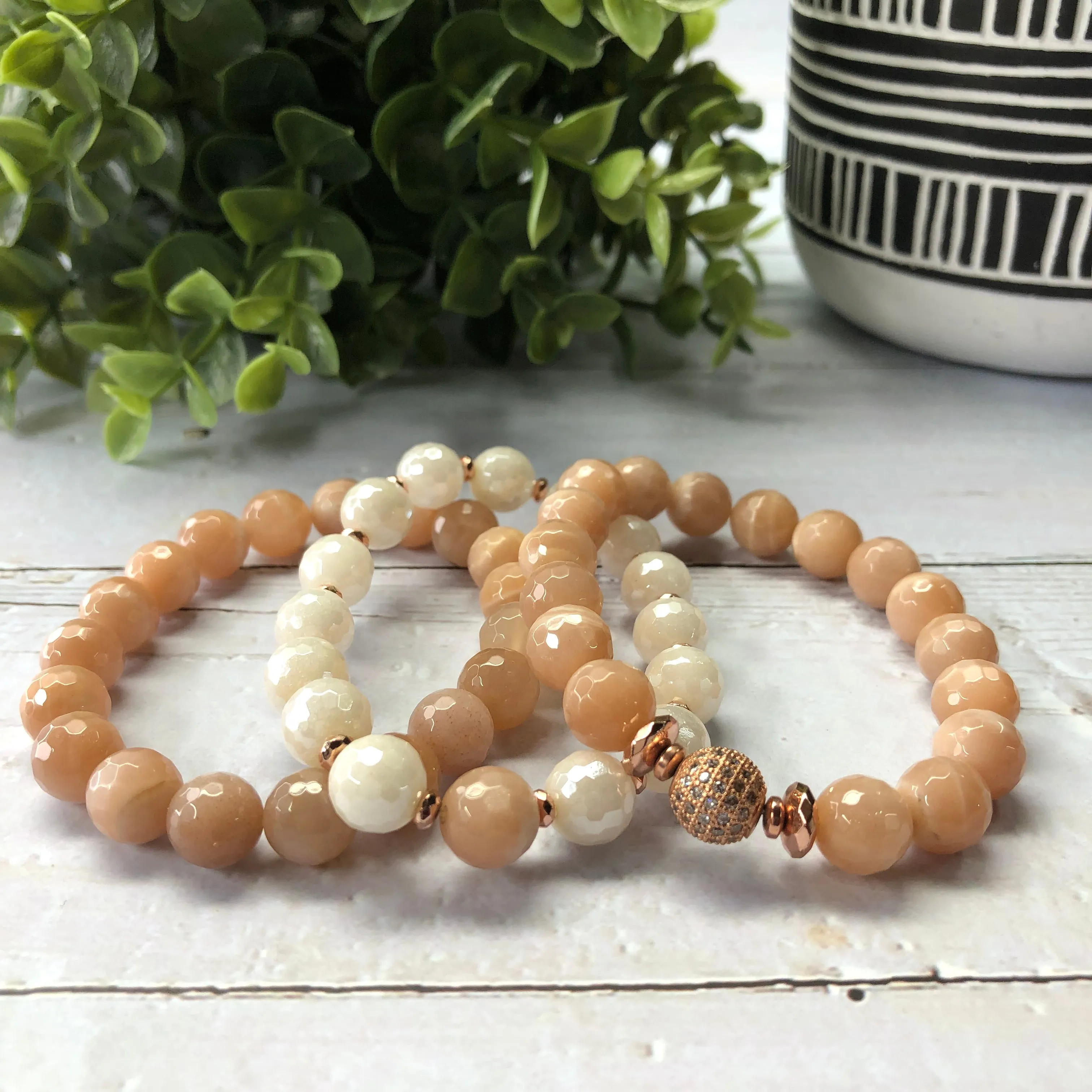 Peach Moonstone 3-piece Bracelet Set- "Peach Rose"