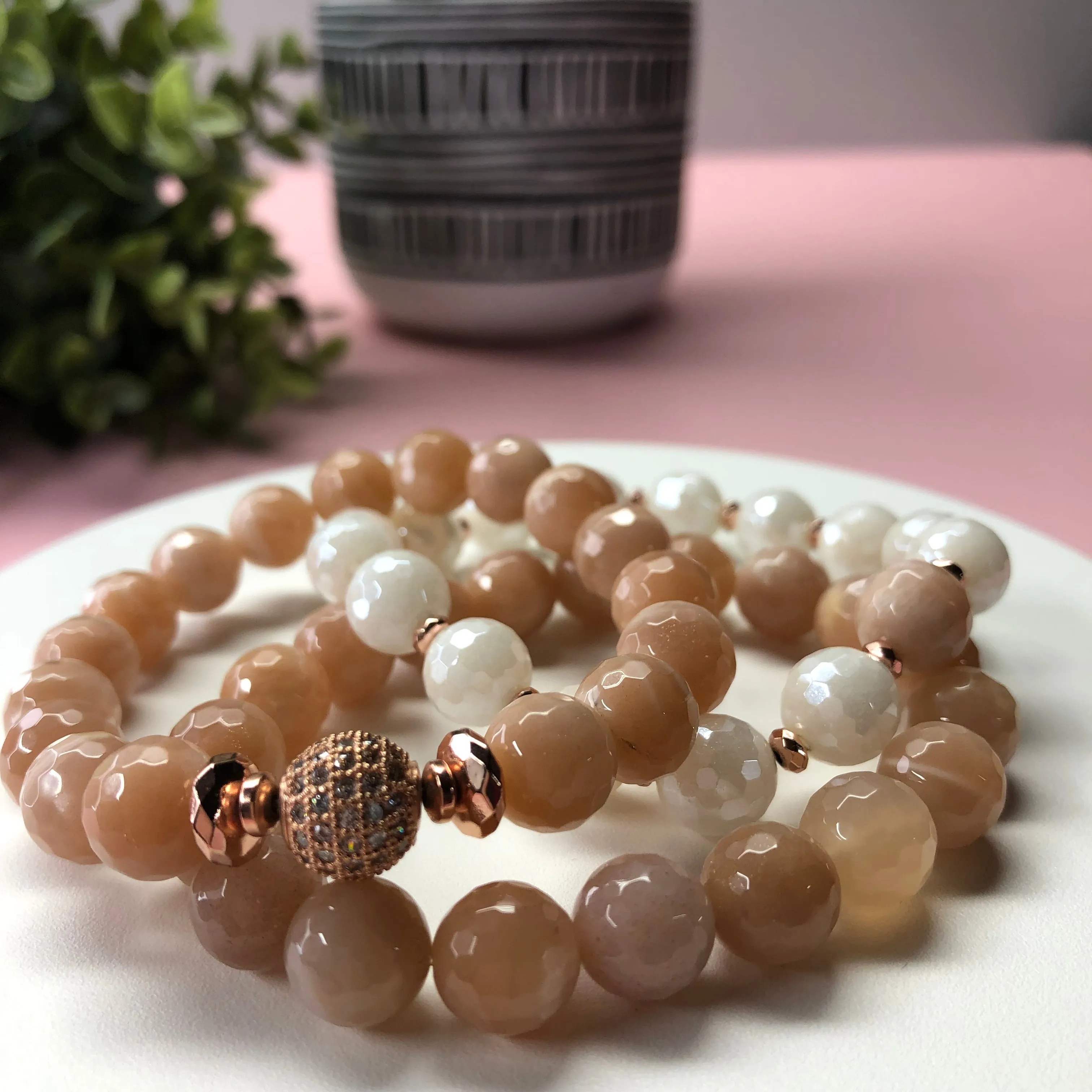Peach Moonstone 3-piece Bracelet Set- "Peach Rose"
