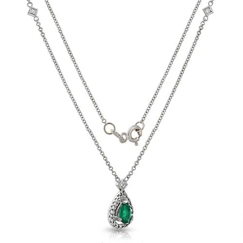 Pear Shaped Emerald and Diamond Drop Floating Pendant in 18k White Gold