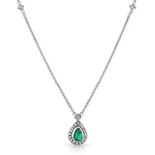 Pear Shaped Emerald and Diamond Drop Floating Pendant in 18k White Gold