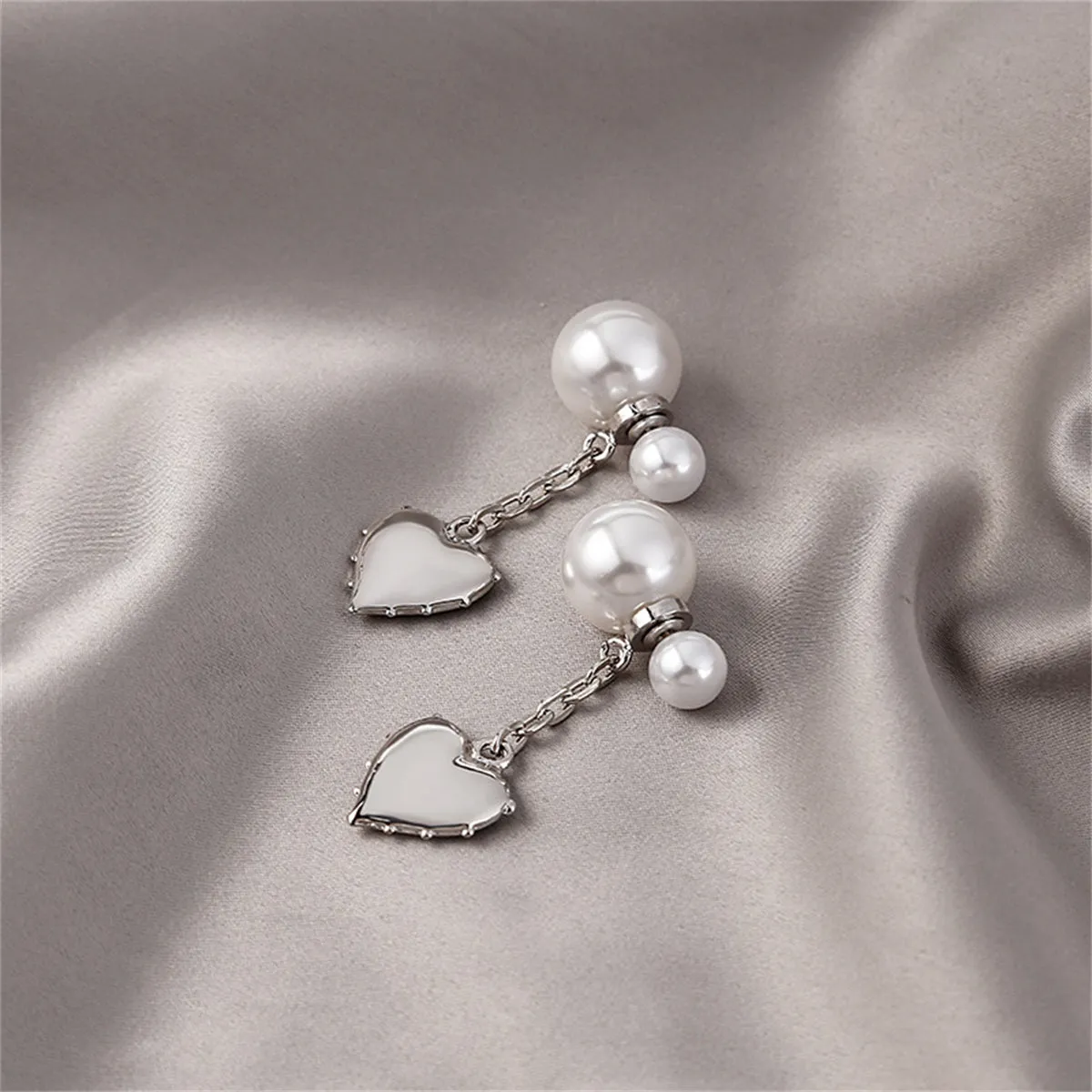 Pearl & Silver-Plated Heart Drop Ear Jackets
