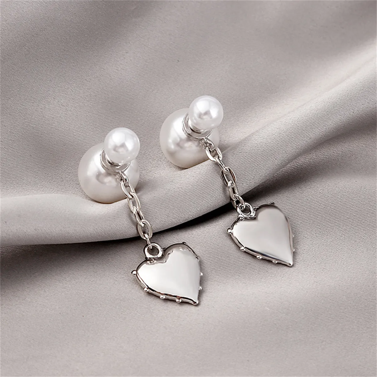 Pearl & Silver-Plated Heart Drop Ear Jackets