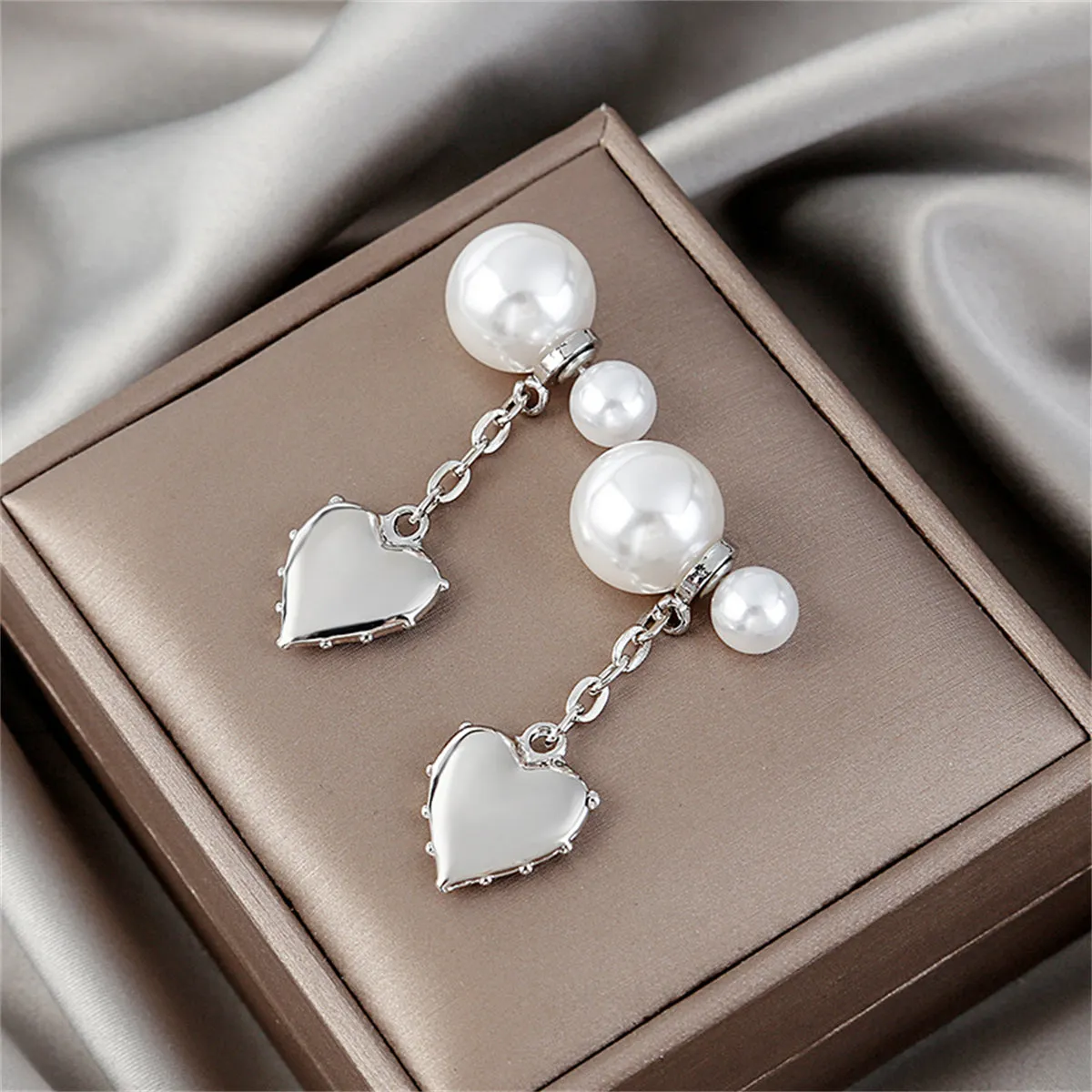 Pearl & Silver-Plated Heart Drop Ear Jackets