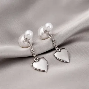 Pearl & Silver-Plated Heart Drop Ear Jackets