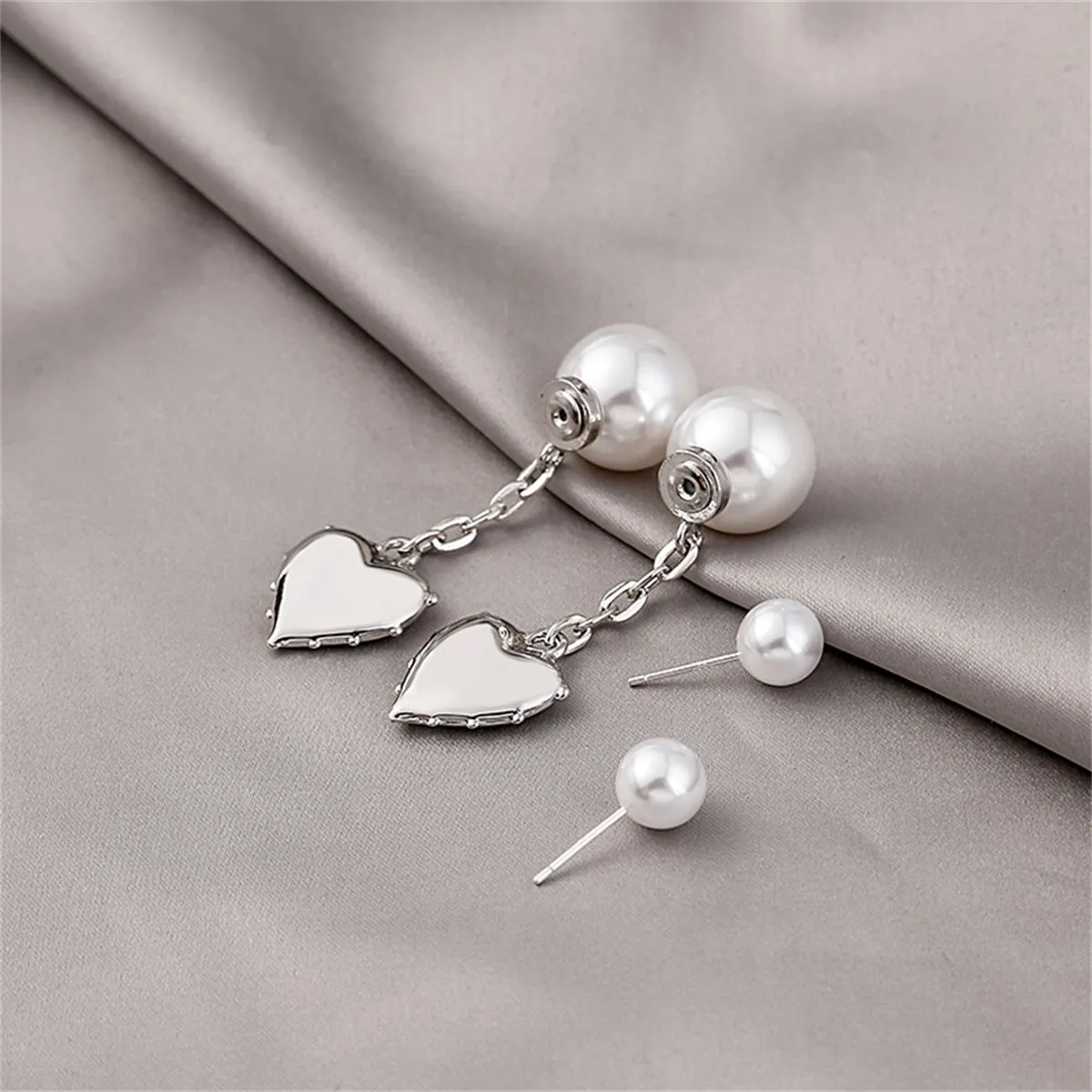 Pearl & Silver-Plated Heart Drop Ear Jackets