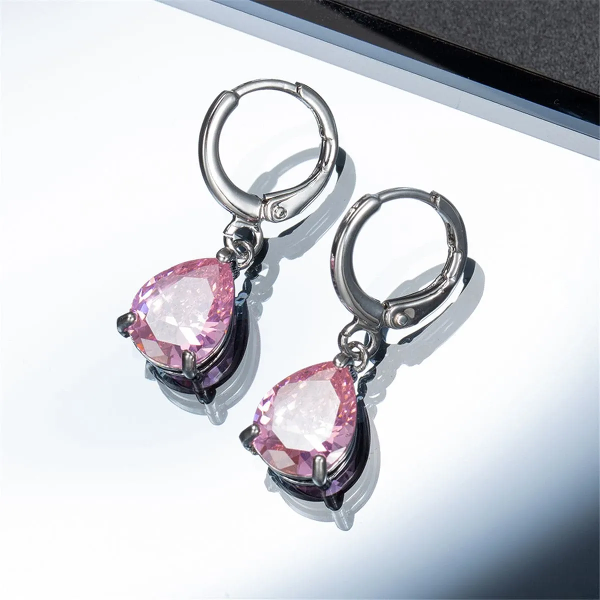 Pink Crystal & Silver-Plated Teardrop Leverback Earrings