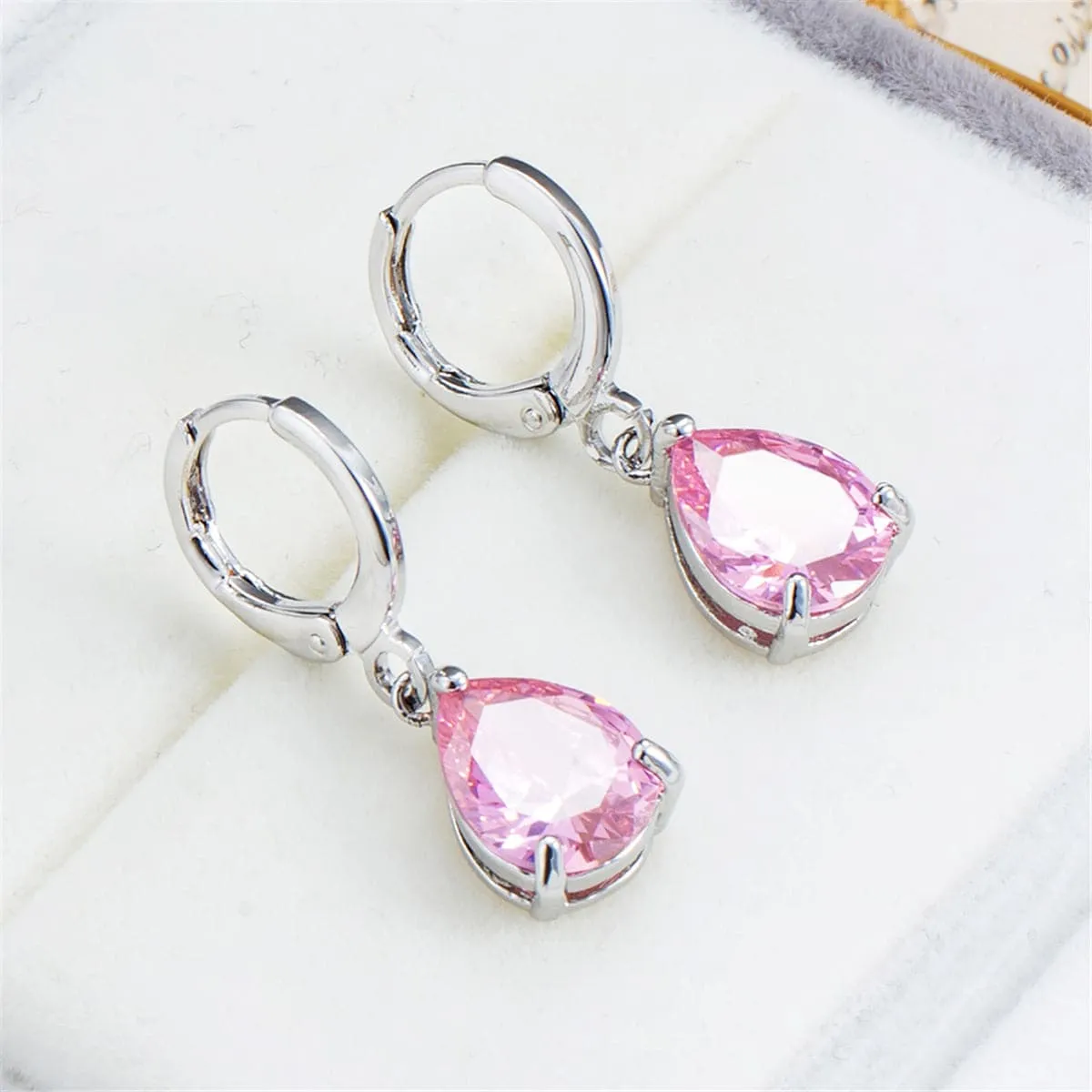 Pink Crystal & Silver-Plated Teardrop Leverback Earrings