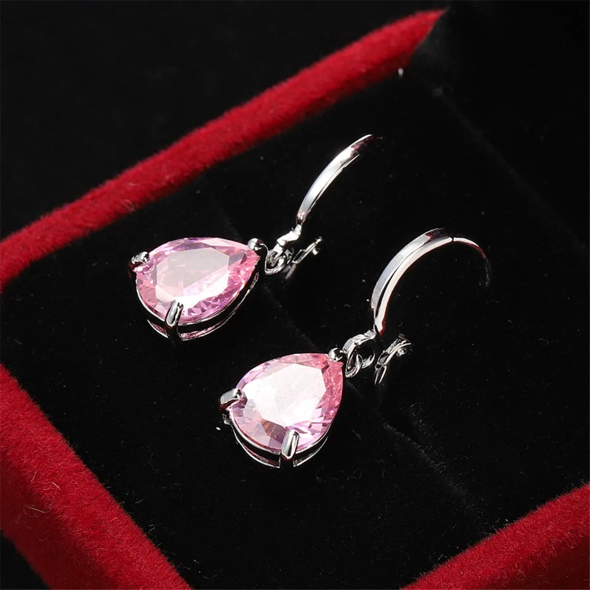 Pink Crystal & Silver-Plated Teardrop Leverback Earrings