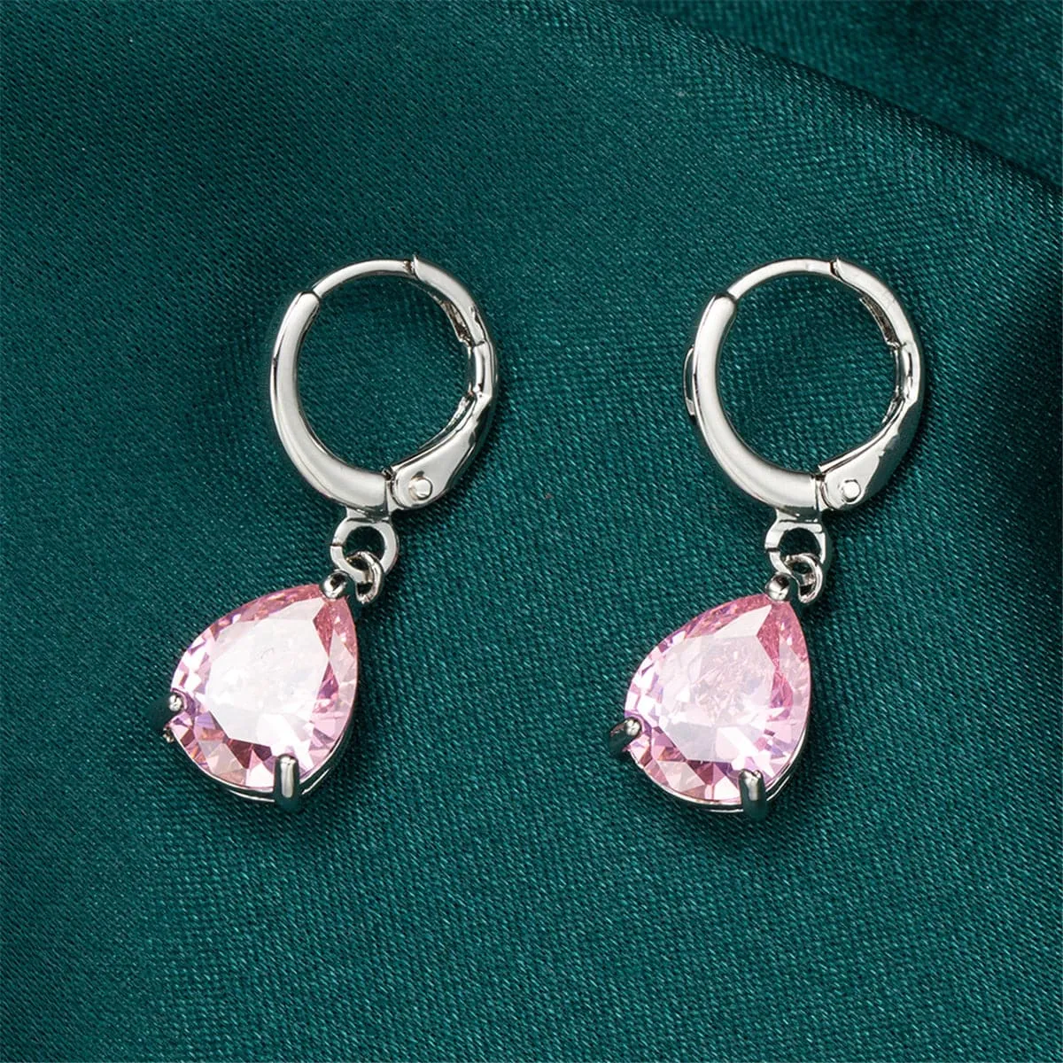 Pink Crystal & Silver-Plated Teardrop Leverback Earrings