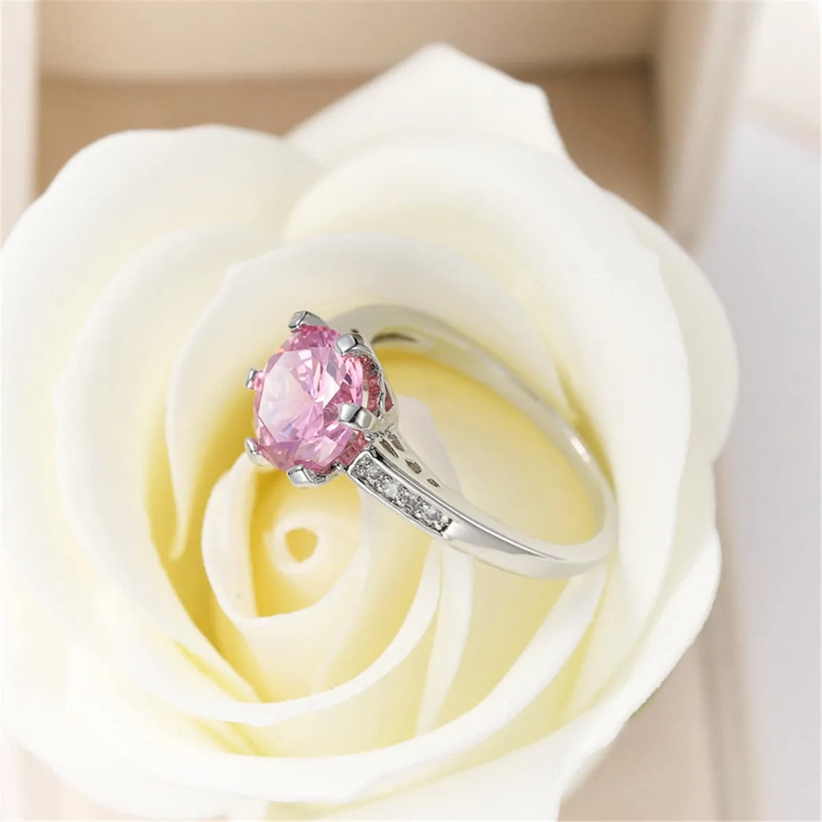Pink Cubic Zirconia & Crystal Prong Round Ring