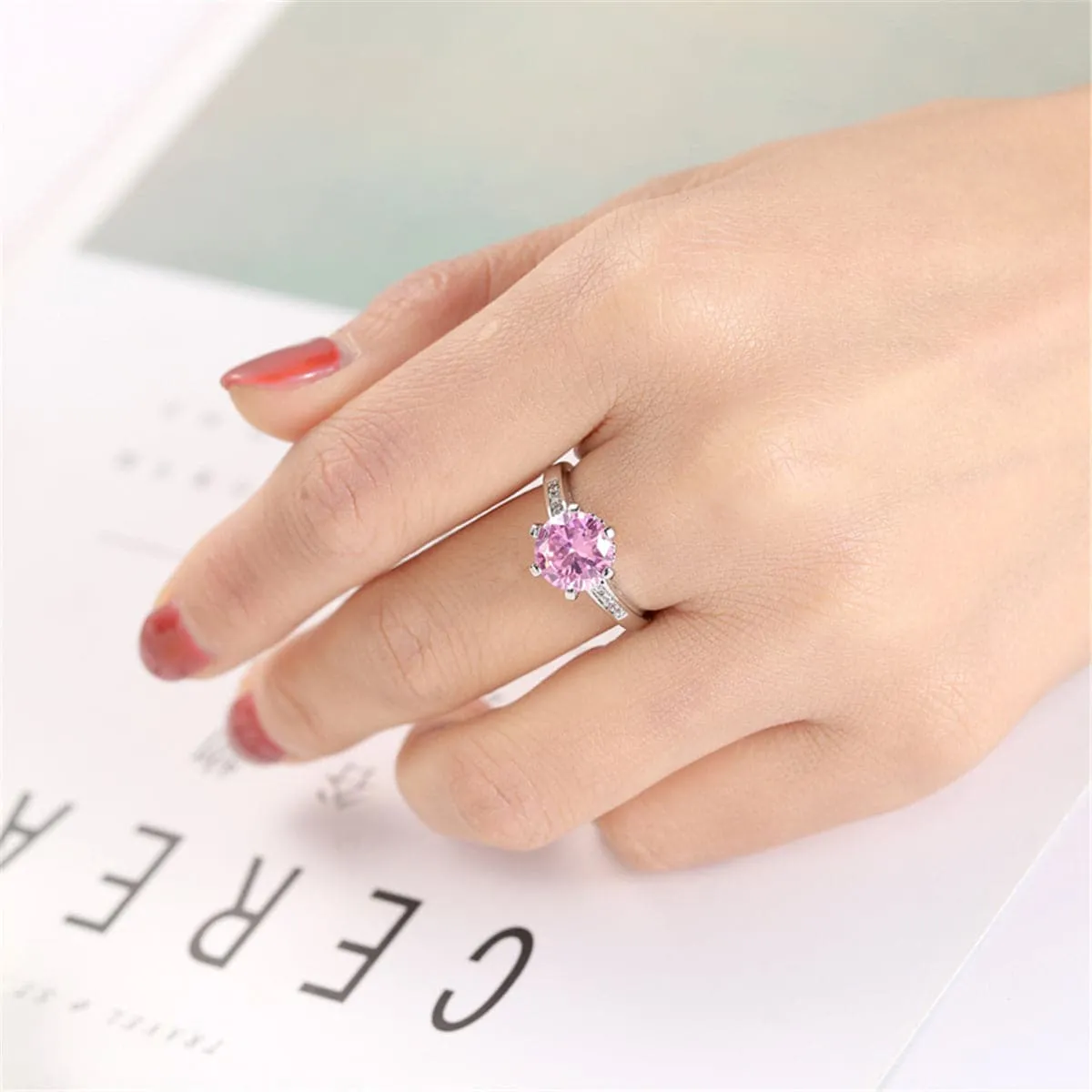 Pink Cubic Zirconia & Crystal Prong Round Ring