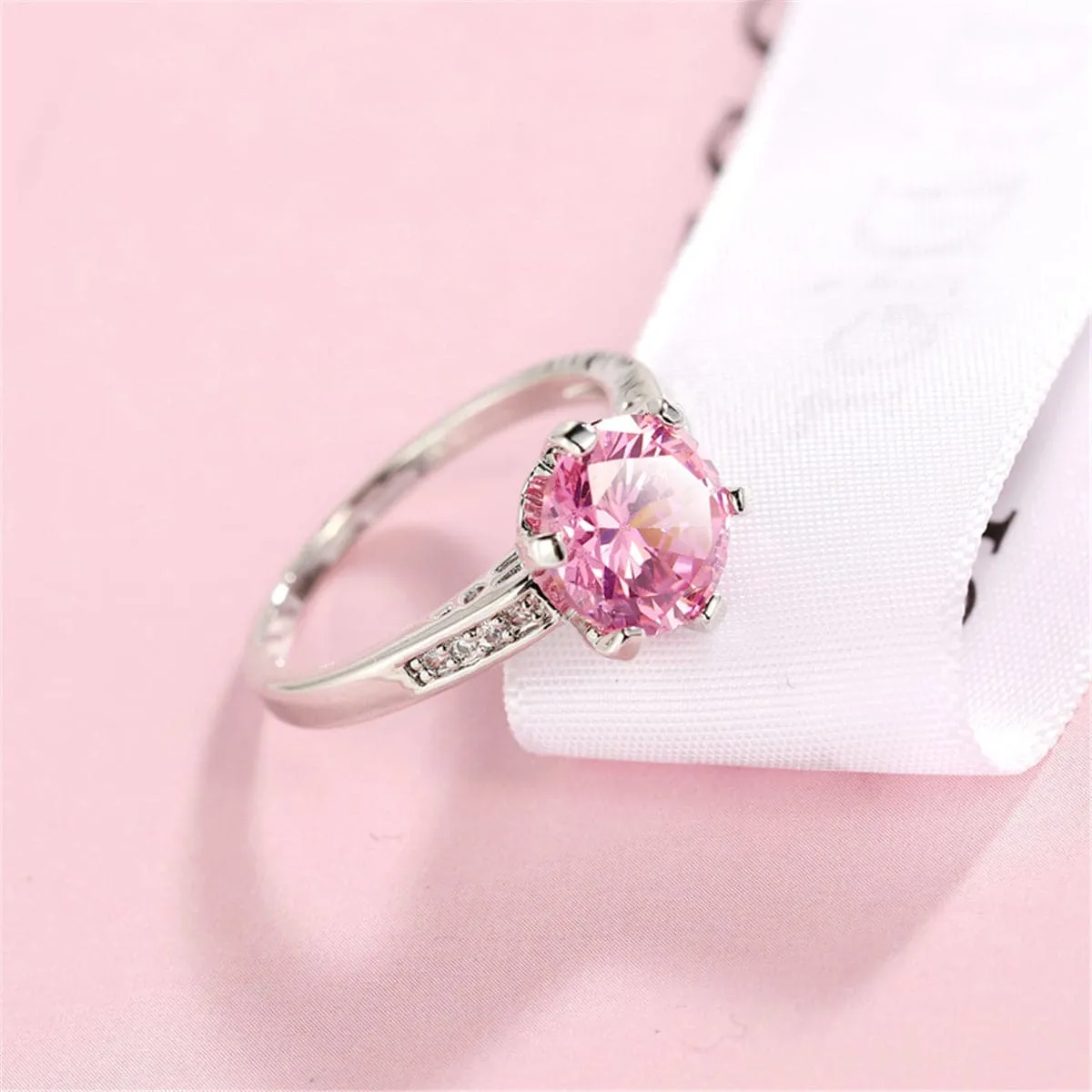 Pink Cubic Zirconia & Crystal Prong Round Ring