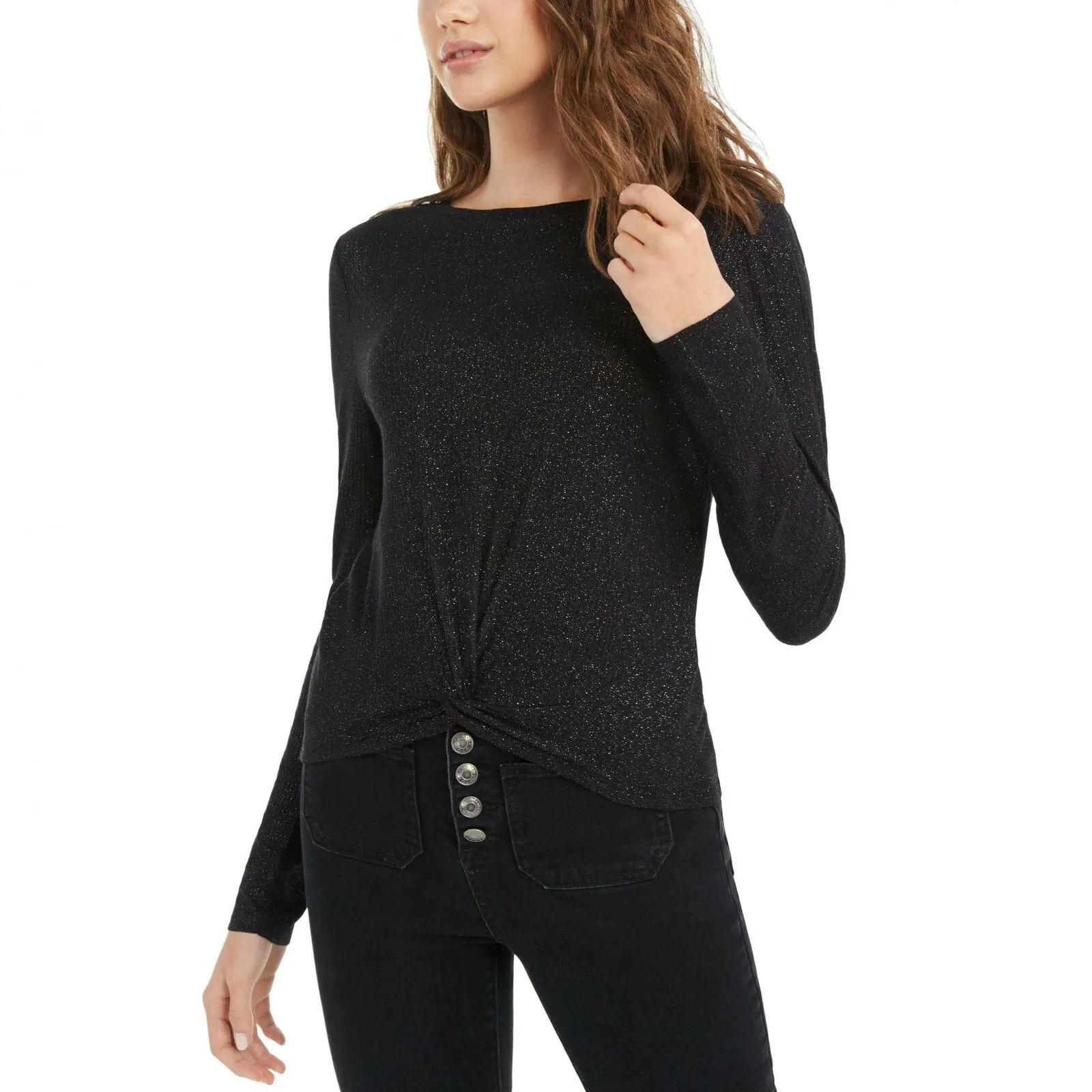 Planet Gold Women's Junior Fit Twist Front Sparkly Ribbed Top