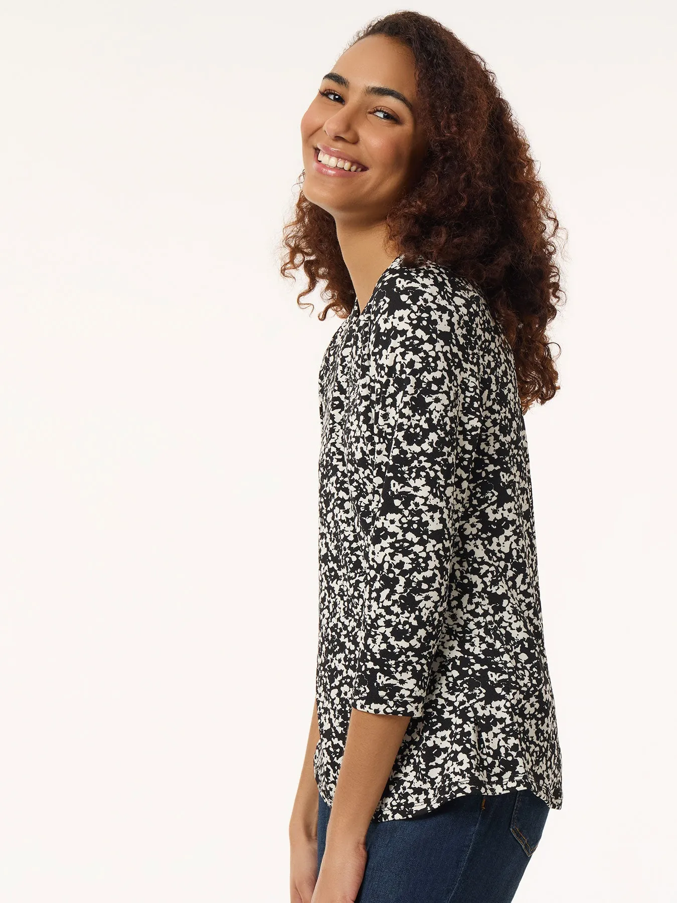 Printed Keyhole Neckline Top, Moss Crepe