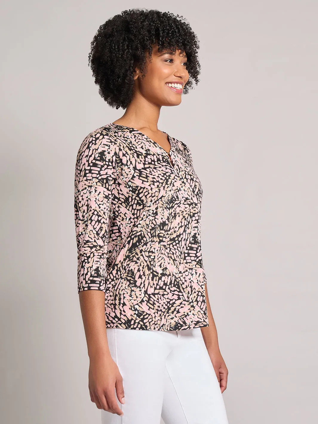 Printed Keyhole Neckline Top, Moss Crepe